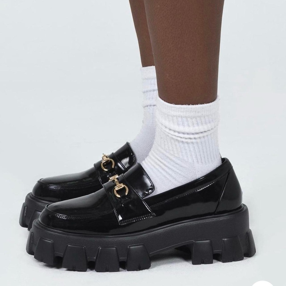 Princess Polly Glossy Black Loafers with Gold Accent